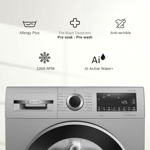Bosch 10kg 5 Star Anti Stain & AI Active Water Plus Fully Automatic Front Load Washing Machine with Built in Heater (WGA252ZSIN, Pretreatment, Iron Steam Assist & Allergy Plus, Silver)