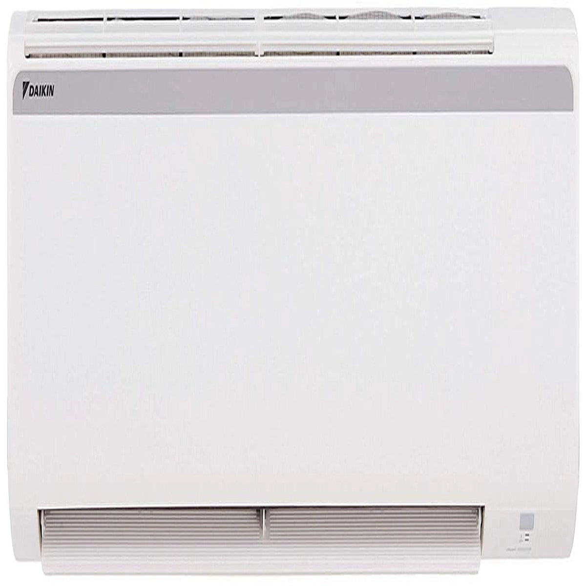 Daikin FTQ50XV16 white indoor unit front view showing top outlet, grey Daikin panel and lower air intake