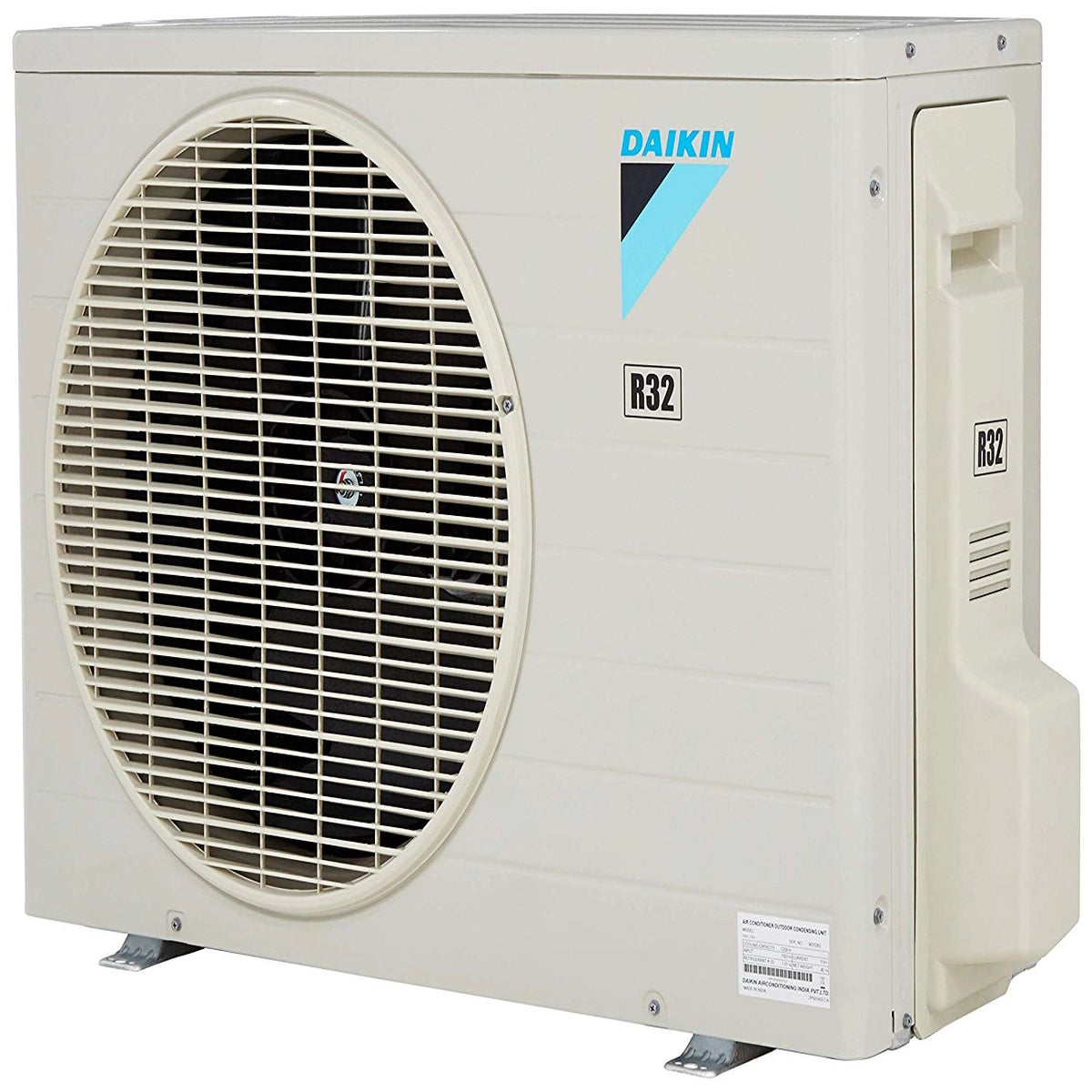 Daikin FTQ50XV16 outdoor condensing unit in beige with round fan grille, Daikin logo and R32 label