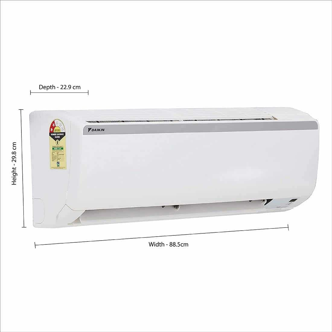 Daikin FTQ50XV16 indoor unit angled view with dimensions: height 29.8 cm, width 88.5 cm, depth 22.9 cm
