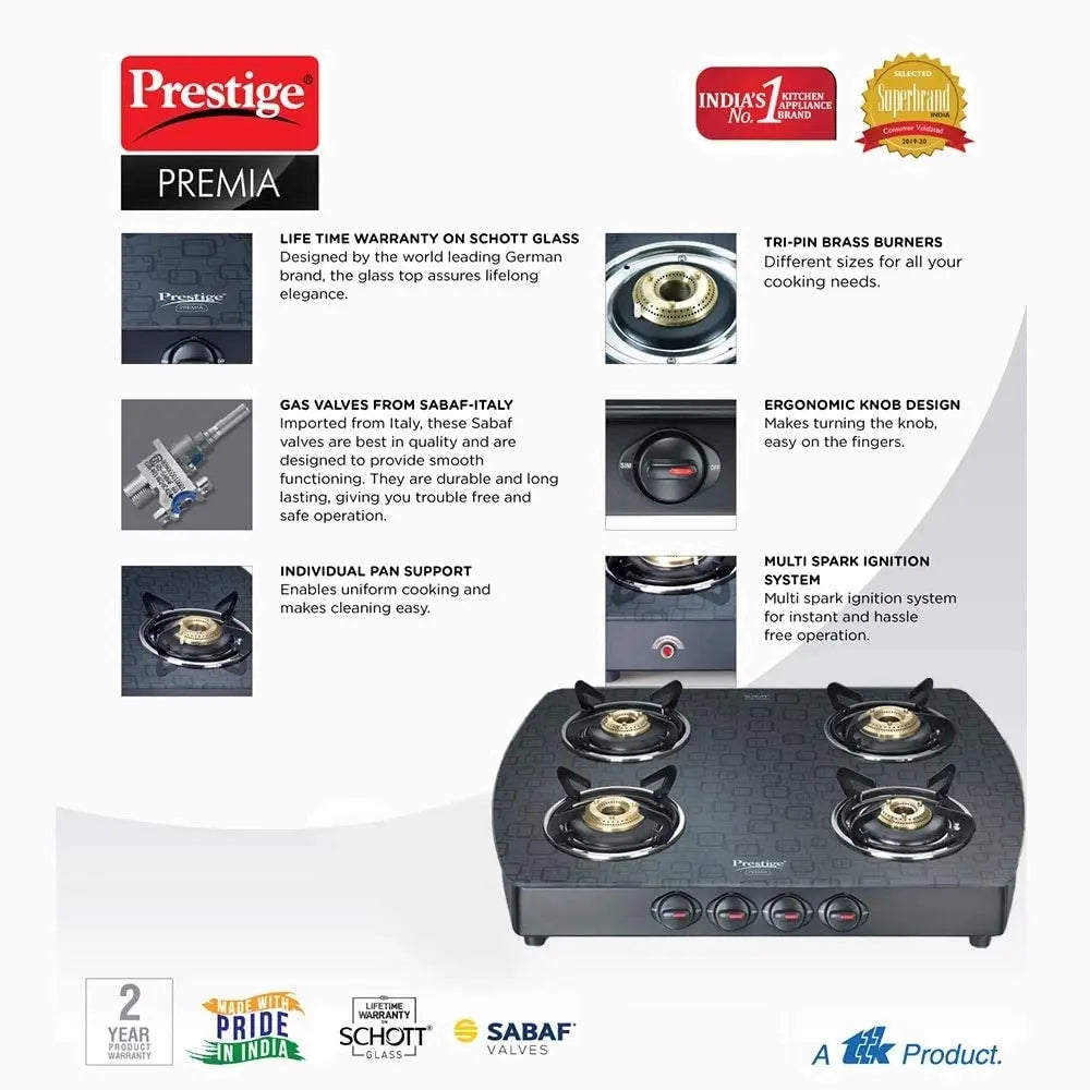 Prestige Premia GTS 04 (D) Glass Top Gas Stoves 40271