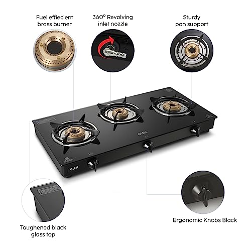 Glen 3 Burner Toughened Glass Top | Black | ISI Certified | Stainless Steel Drip Trays | Anti-Skid Feet | Ergonomic Knobs | 2 Year Warranty | CT3B70BLBB