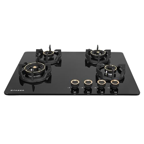 Faber 70cm 4 Burner Hob | Auto Electric | Built-In or Hobtop | Brass Burners | Cast Iron Pan Support | Glass Finish | Metal Knobs | Warranty 5 Years on Glass and Valves | HOB EXPERIA HT704 AL