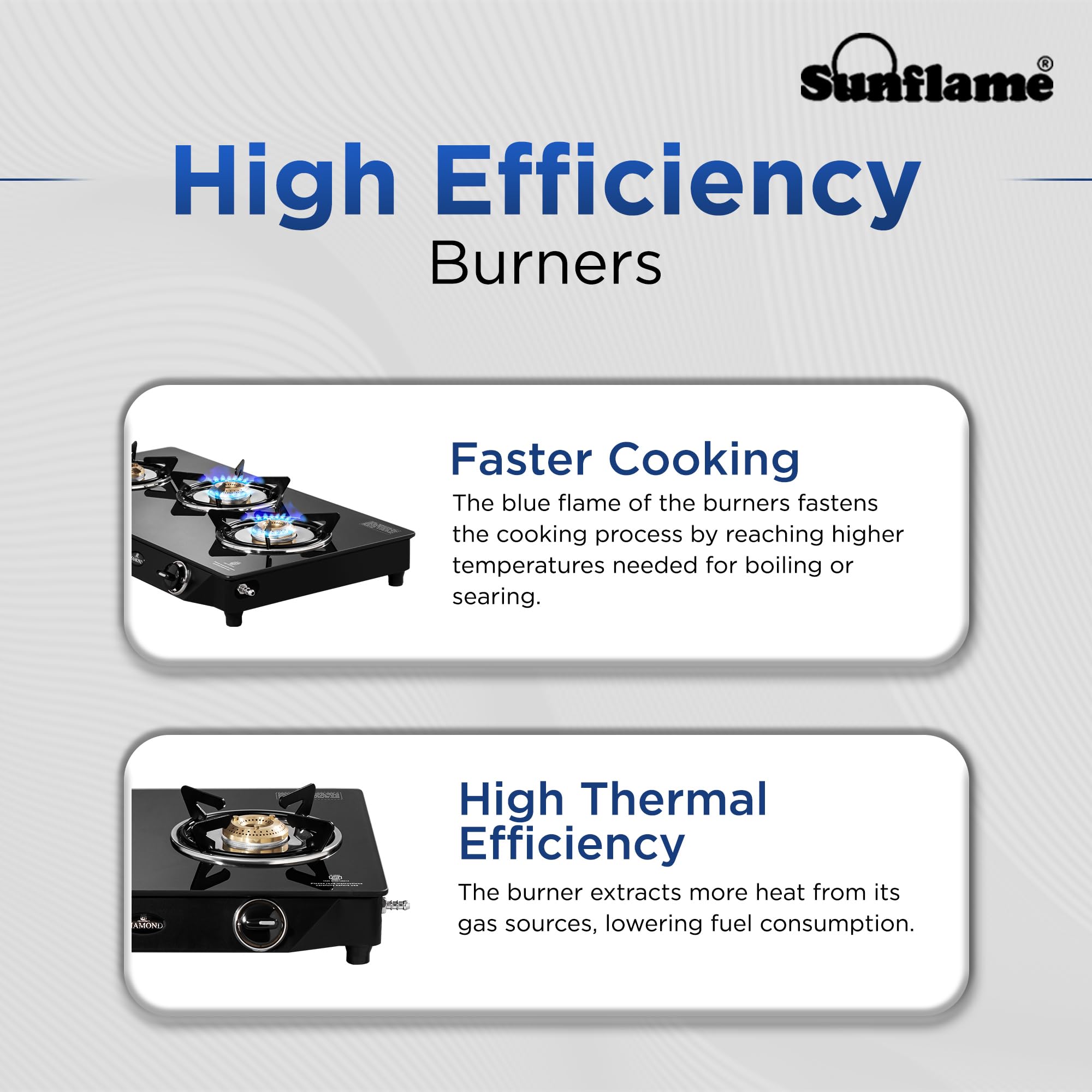 Sunflame Diamond 3 Burner Gas Stove | 1 Medium and 2 Small Brass Burners | 2-Years Product Coverage by Sunflame | Heat Resistant Ergonomic Knobs | Easy to Maintain l Toughened Glass Top