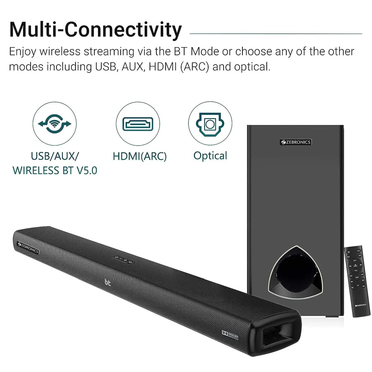 ZEBRONICS Zeb-JUKEBAR 9001 PRO Dolby, 120W Multimedia soundbar with subwoofer Supporting Bluetooth, HDMI(ARC), Optical Input, AUX,USB, Dolby Digital Plus and Remote Control (Black)