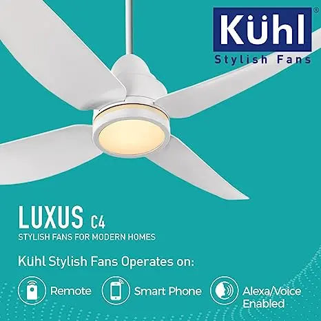 KUHL Luxus C4 Stylish BLDC Fan|Low Power 38W |High Air Flow|4 Aerodynamic ABS Blades|Low Noise|Night & Down Light |IoT Enabled |Operate Via Remote-Mobile-Alexa |Reverse Mode|5-Star Rated | White