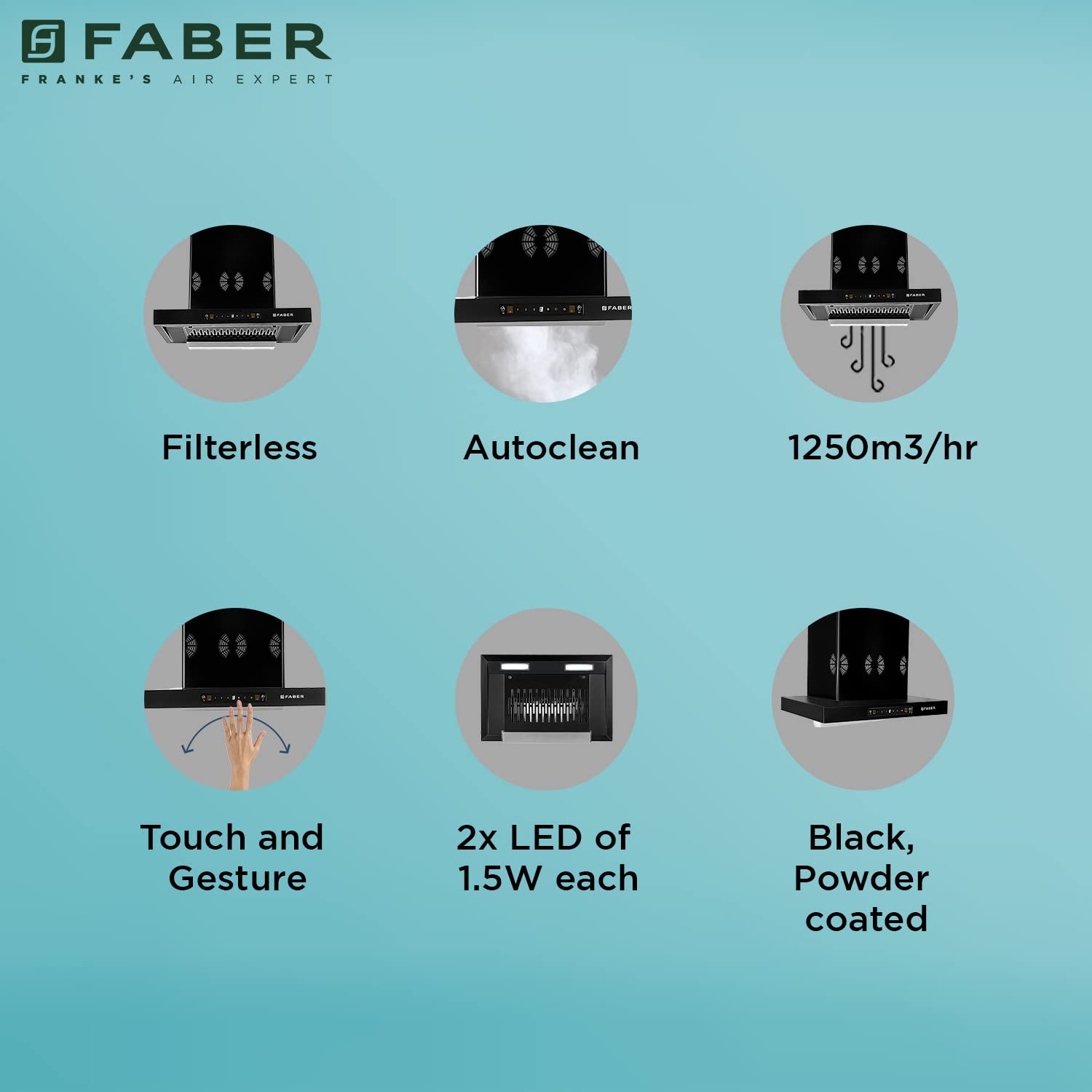 Faber 60cm 1250 m3/hr 6 way silent suction, Autoclean Chimney, Filterless, 8Yr on Motor, 2Yr Comprehensive Warranty, Made in India (HOOD BONITO 3D IND HC SC FL BK 60, Touch & Gesture Control, Black