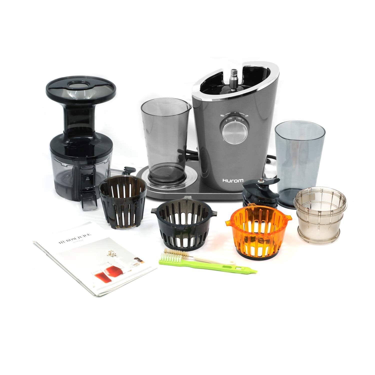 Hurom H-100 Cold Press Slow Juicer Series, 43 RPM, 150 Watts Energy Efficient Motor, all-new 100% Rust-Free Strainers For Fast And Thorough Cleaning, Patented Pulp Adjustor Titanium Grey