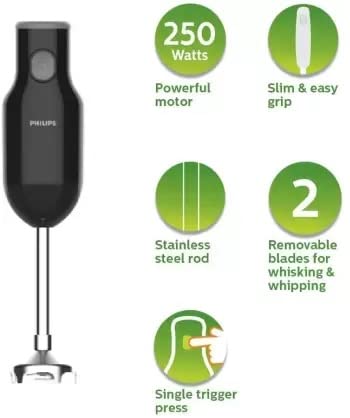 Philips HL1655/02 hand blender highlighting 250 watts, slim grip, steel rod, two blades and single trigger