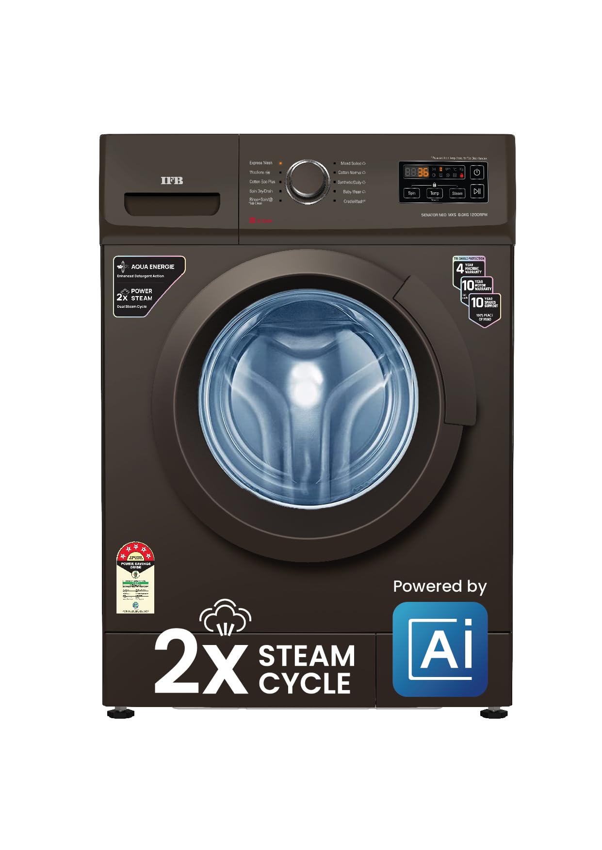 IFB 8 Kg 5 Star AI Powered Fully Automatic Front Load Washing Machine, 2X Power Steam (SENATOR NEO MXS 8012, 2023 Model, Mocha, In-built Heater, 4 years Comprehensive Warranty)