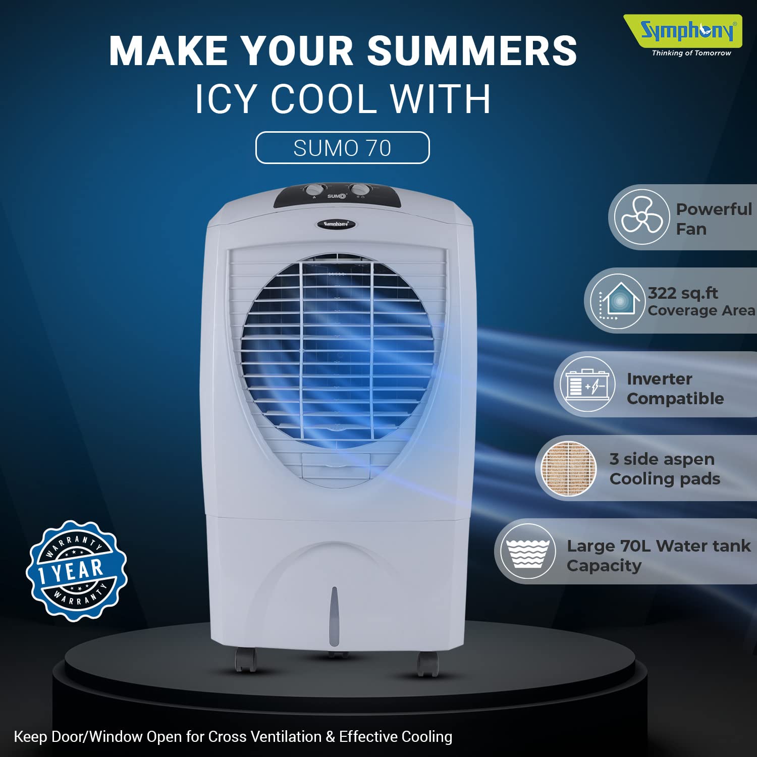 Symphony Sumo 70-G Desert Air Cooler For Home with Aspen Pads, Powerful Fan, Cool Flow Dispenser and Low Power Consumption (70L, Grey)