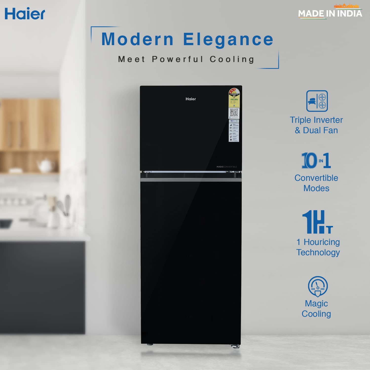 Haier 328L 3 Star Frost Free Inverter Double Door Top Mount Refrigerator (HEF-333BG-P, Inox Steel, Convertible)