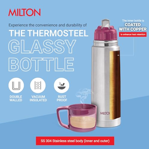Milton Glassy 750 Thermosteel 24 Hours Hot and Cold Water Bottle with Drinking Cup Lid, 750 ml, Pink | Leak Proof | Office Bottle | Gym Bottle | Home | Kitchen | Hiking | Trekking | Travel Bo