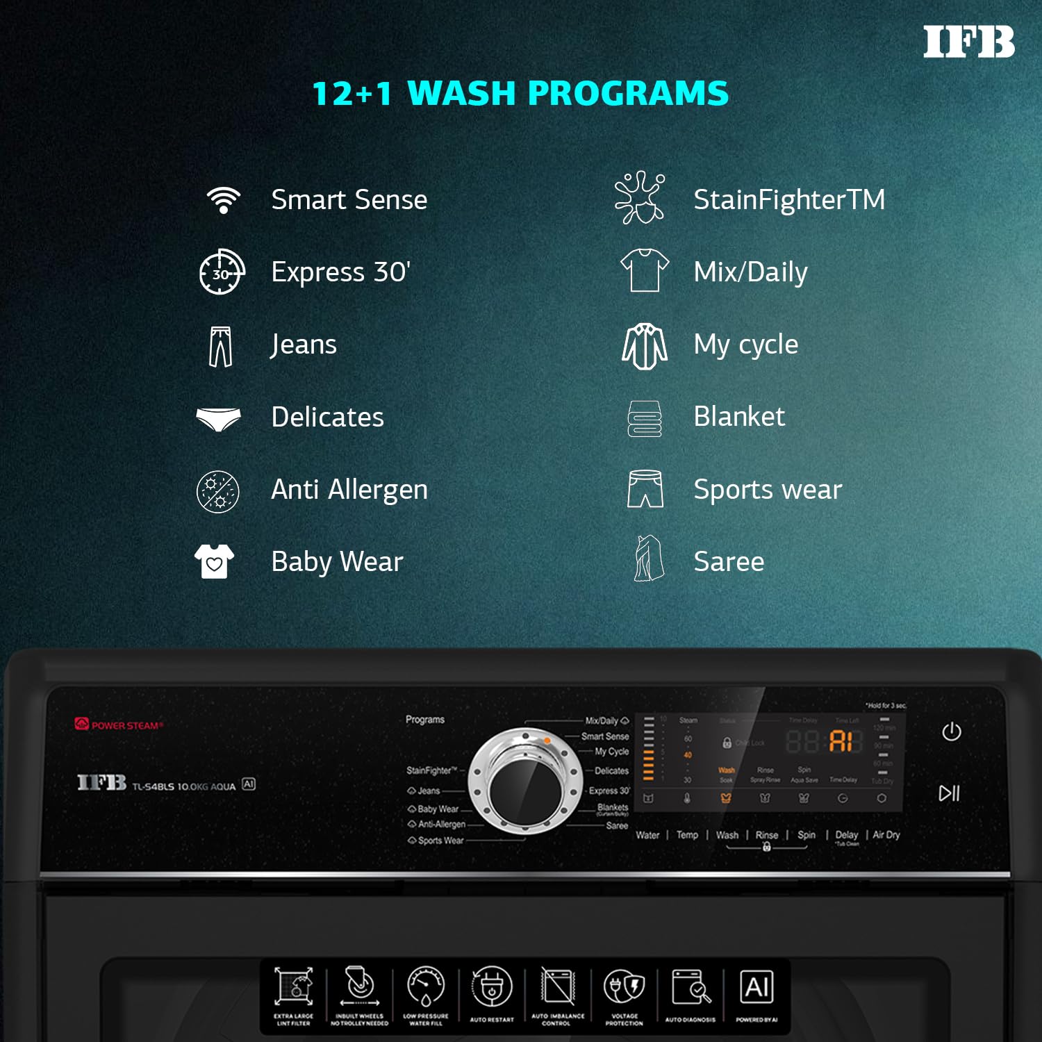 IFB 10 Kg 5 Star AI Powered Fully Automatic Top Load Washing Machine (TL S4BLS 10.0 Kg Aqua, Black VCM, 2X Power Steam, 4 Years Comprehensive Warranty)
