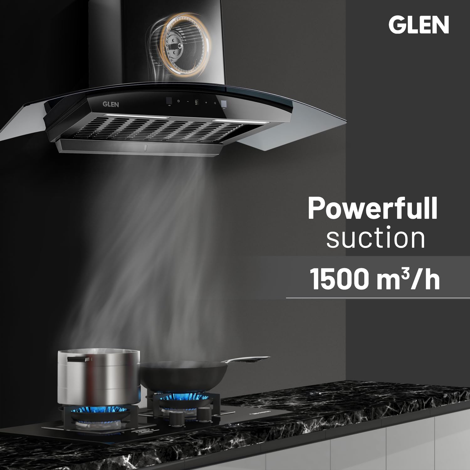 GLEN 90 cm 1500m3/hr Auto-Clean Filterless Curved Glass Kitchen Chimney With Motion Sensor+Touch Controls (Senza Turbo Black)