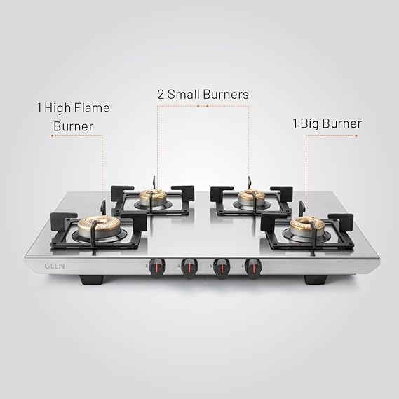 Glen 4 Burner Ultra Tuff Stainless Steel Gas Stove | Silver | Forged Brass Burner | Revolving Inlet Nozzle | 1054 UT SS (4 Burner) (Stainless Steel) manual