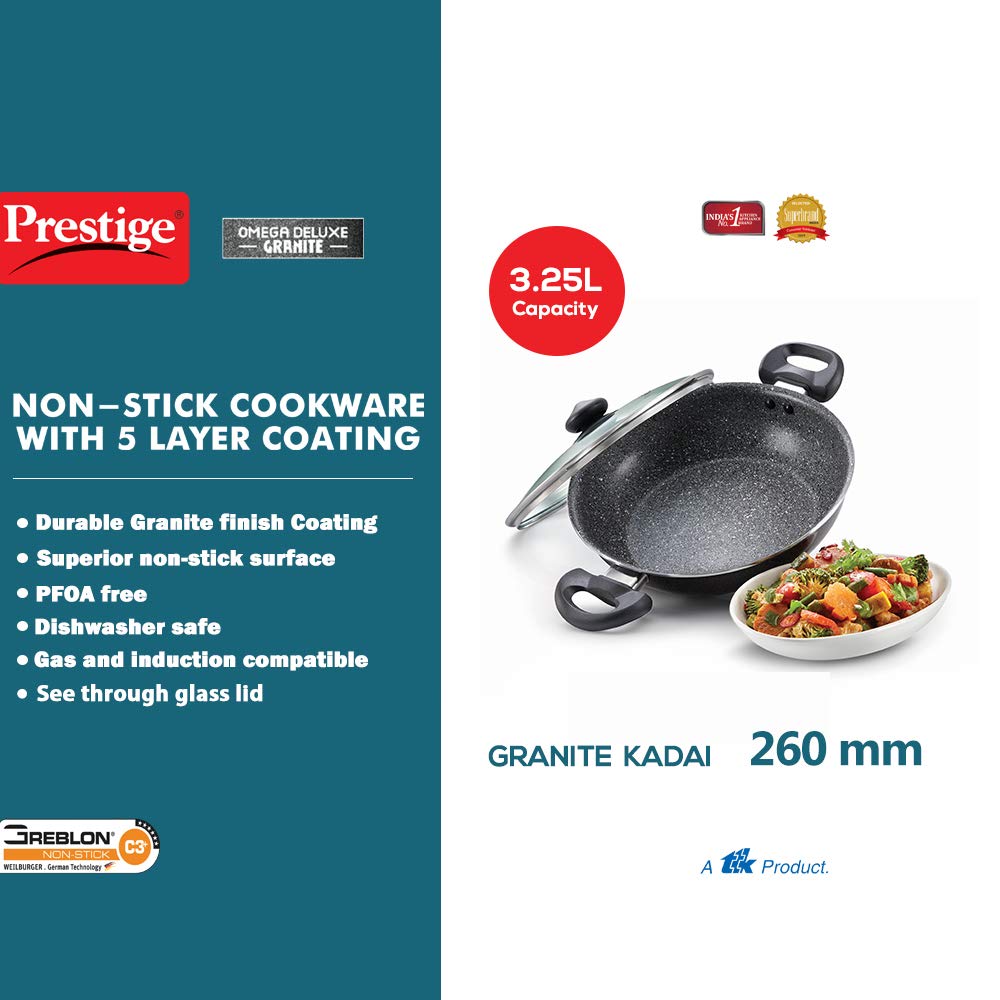 Prestige Omega Deluxe Granite Kadai, 260mm, Black