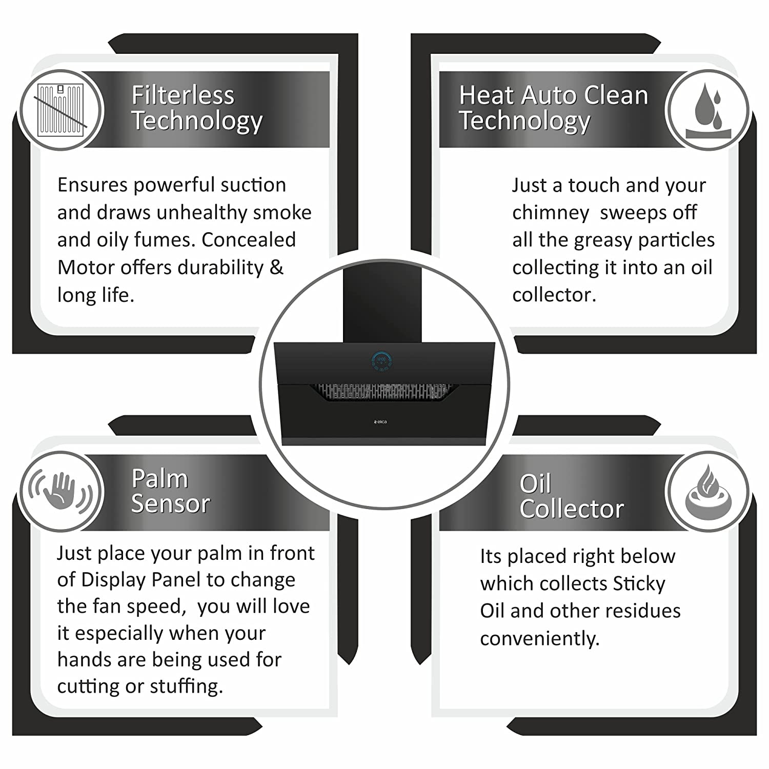Elica 90 cm 1350 m3/hr Filterless Auto Clean Angular Chimney with 15 Years Warranty (EFL 107 HAC LTW VMS 90, Touch + Palm Sensor Control, Black)