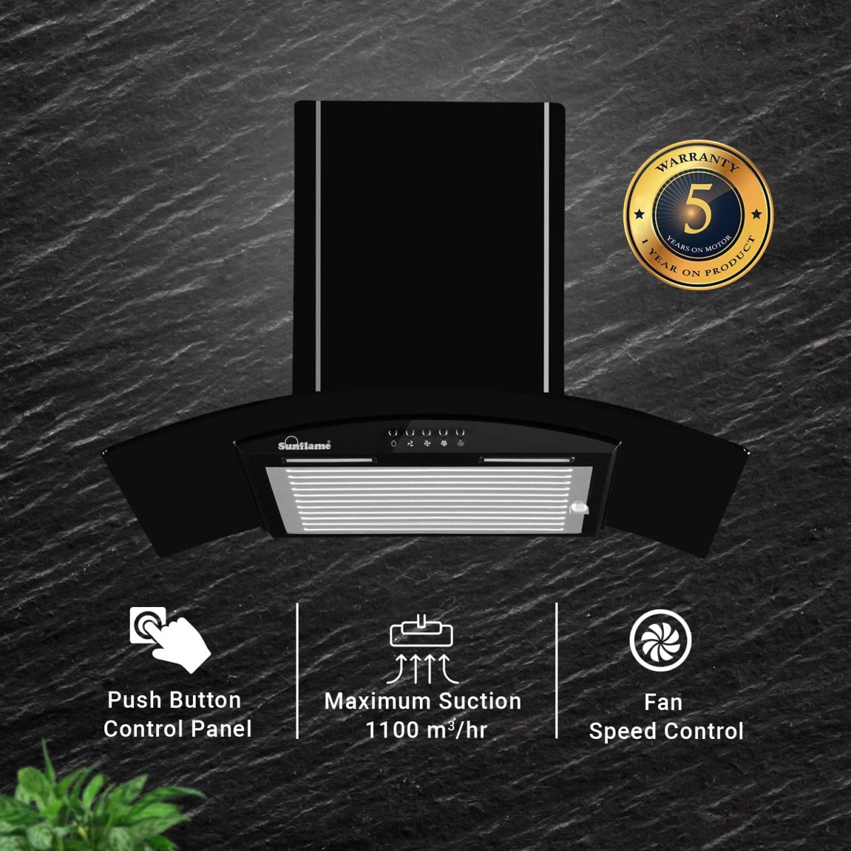 Sunflame BELLA 60 BK, 60 cm 1100 m3/hr Chimney (Baffle Filter, Black Powder-Coated Finish)