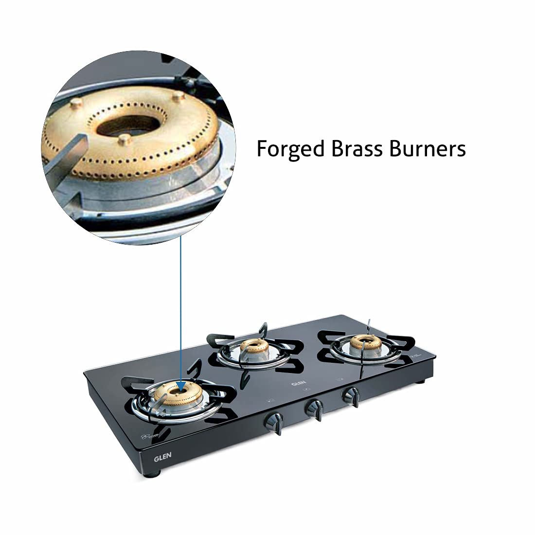 GLEN Stainless Steel 3 High Flame Forged Brass Burner LPG Glass Gas Stove with Double Drip Tray (Extra Wide, Black, Manual Ignition, 1033 GT XL FB DD BL)