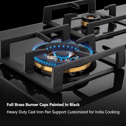 KAFF HBR 604 Built-in Hob/Hobtop 4 Burners, Auto Electric Ignition Glass Top, 60 CM, Powerful Brass Burners, 8 MM Thick Toughened Glass, Enamelled Matt Grills (Black)