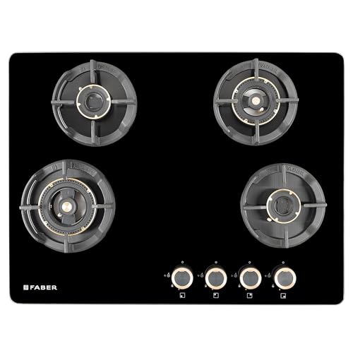 Faber 70cm 4 Burner Hob | Auto Electric | Built-In or Hobtop | Brass Burners | Cast Iron Pan Support | Glass Finish | Metal Knobs | Warranty 5 Years on Glass and Valves | HOB EXPERIA HT704 AL