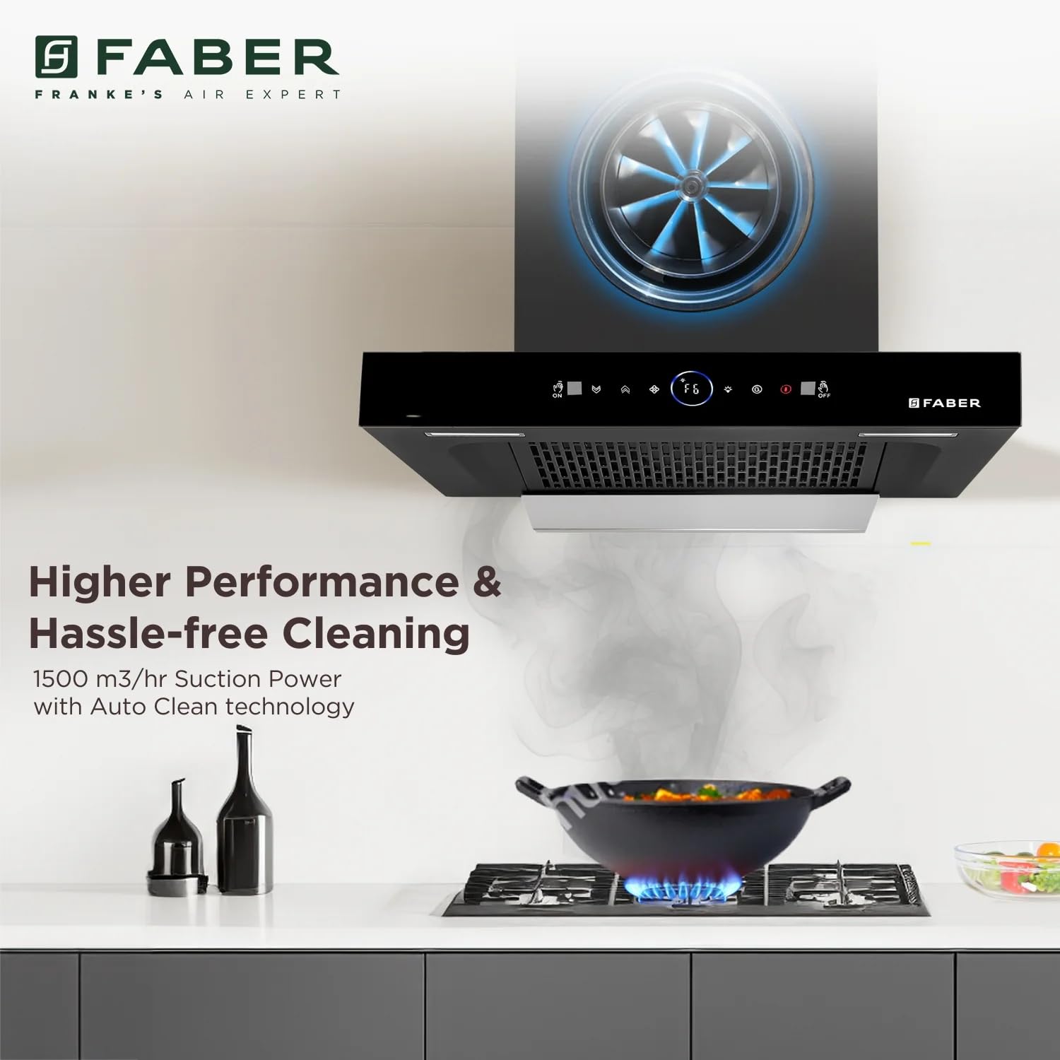 Faber 1500 m³/hr Autoclean Kitchen Chimney (HOOD DAZZLE BLDC FL HC BK 90, Filterless, Touch & Gesture, Remote, Black)