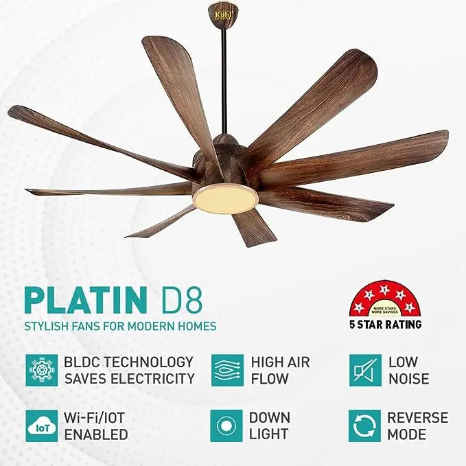 KUHL Platin D8,Teakwood, Stylish BLDC Fan| 5 Star Rated| Low Power 38W|High Air Flow| Low Noise| 8 Aerodynamic ABS Blades| Down Light | 1500 mm Sweep |Operate on Remote - Mobile - Alexa | Reverse Mode