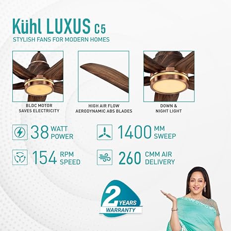 KUHL Stylish Fan Luxus C5 Teakwood| 5 Star Rated| BLDC Technology With Remote/Mobile/Alexa Control Reverse Mode