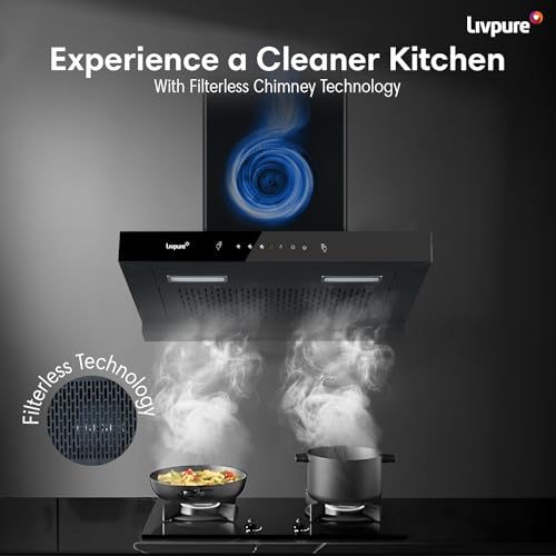 Livpure Ether 60 1350 m3/hr T Shape | Filterless Autoclean Kitchen Chimney |10 Yr Warranty On Motor, 2 Yr Comprehensive |Touch & Gesture Control, Black
