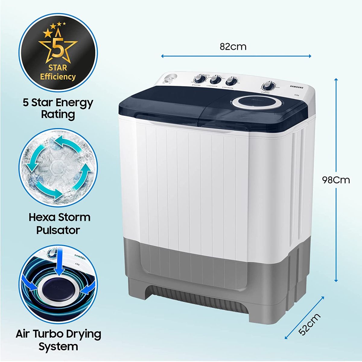 Samsung 8.0 Kg Semi-Automatic 5 Star Top Loading Washing Machine (WT80R4200LG/TL, Light Grey, Royal Blue Lid (Transparent), Hexa Storm Pulsator)