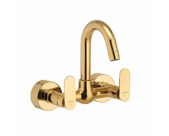 Cera F1018501FG Lustre Brooklyn French Gold Finish Quarter Turn Wall Mounted Sink Mixer With 150 mm (6") Long Swivel Spout, Connecting Legs And Wall Flanges