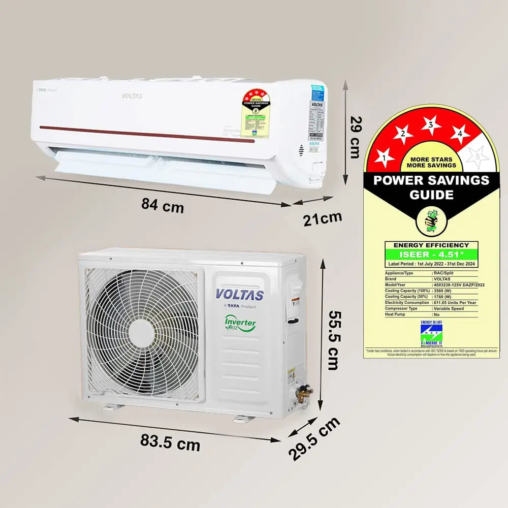 Voltas 1 Ton, 4 Star, Inverter Split AC(Copper, 4-in-1 Adjustable Mode, Anti-dust Filter, 2023 Model, 125V DAZP, White)