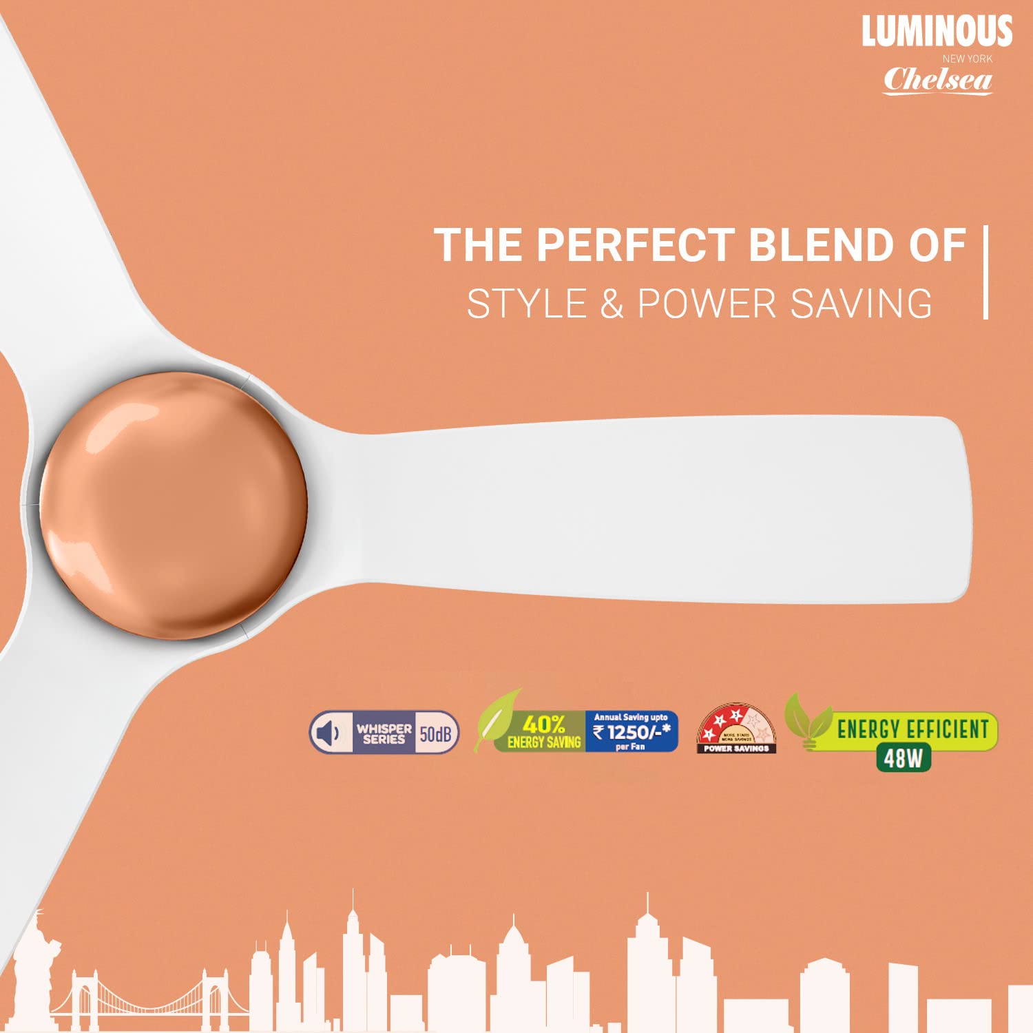 Luminous New York Chelsea 1200MM 3-Star Ceiling Fan Alice White