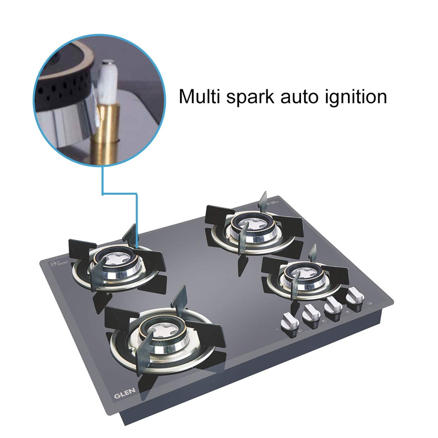 Glen Glass Top 4 Burner Gas Stove with Forged Brass Burners (BH4B60ROHTDB Cooktop, Black)