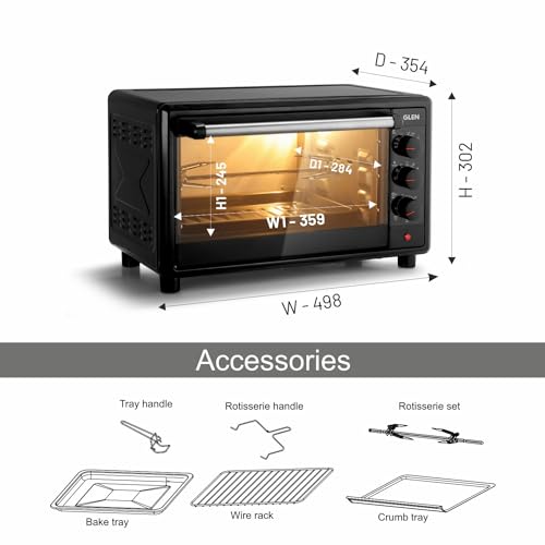 Glen Digital Oven Toaster Griller (OTG) - 25 Litres with Convection, Motorized Rotisserie 1700W - Black -SA5025RC