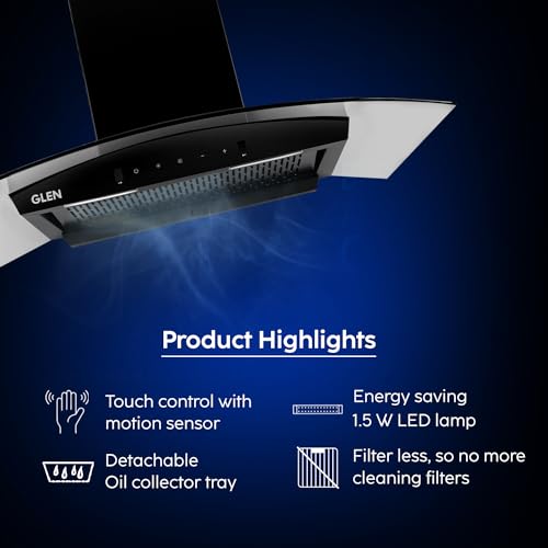 Glen 90cm 1200m³/hr BLDC Filterless Autoclean Chimney|Inverter Technology|Touch & Gesture Control|12 Yrs on Motor, 1 Yrs Comprehensive Warranty by Glen(6071 BLDC BLACK 90cm)