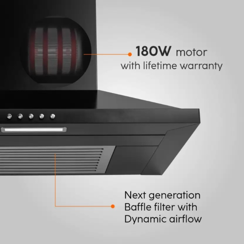 Glen CH6049 Baffle filter, 1100m³/h 60 cm Wall Mounted Chimney (BLACK 1100 CMH)