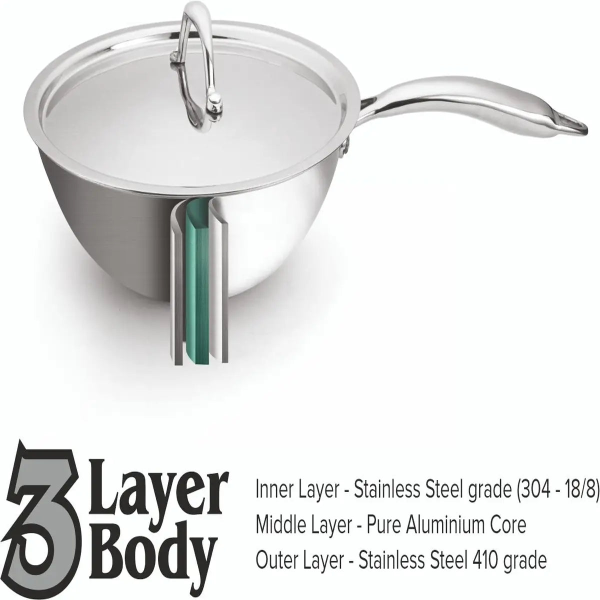 SignoraWare Artista Tri-Ply Stainless Steel Induction Compatible Triply WOKPAN / DEEP FRYPAN with Stainless Steel Lid (Induction and Gas Compatible), 26cm, Capacity 4000 ml,Set of 1, Silver
