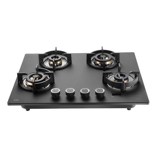 KAFF PRESTON PRS 654 Built-in Hob/Hobtop 4 Burners with Digital Timer, Auto Electric Ignition Glass Top, 65 CM, Full Brass Burners with Flame Failure Device, Metal Knobs (Black)