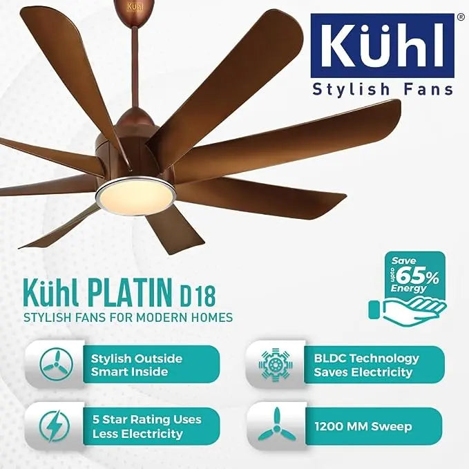 KUHL Platin D18 Stylish BLDC Fan | Low Power 30W | High Air Flow | 8 Aerodynamic ABS Blades | Low Noise | Down Light | 1200 mm sweep | Operate on Remote-Mobile-Alexa | Reverse Mode |5 Star Rated| Brow