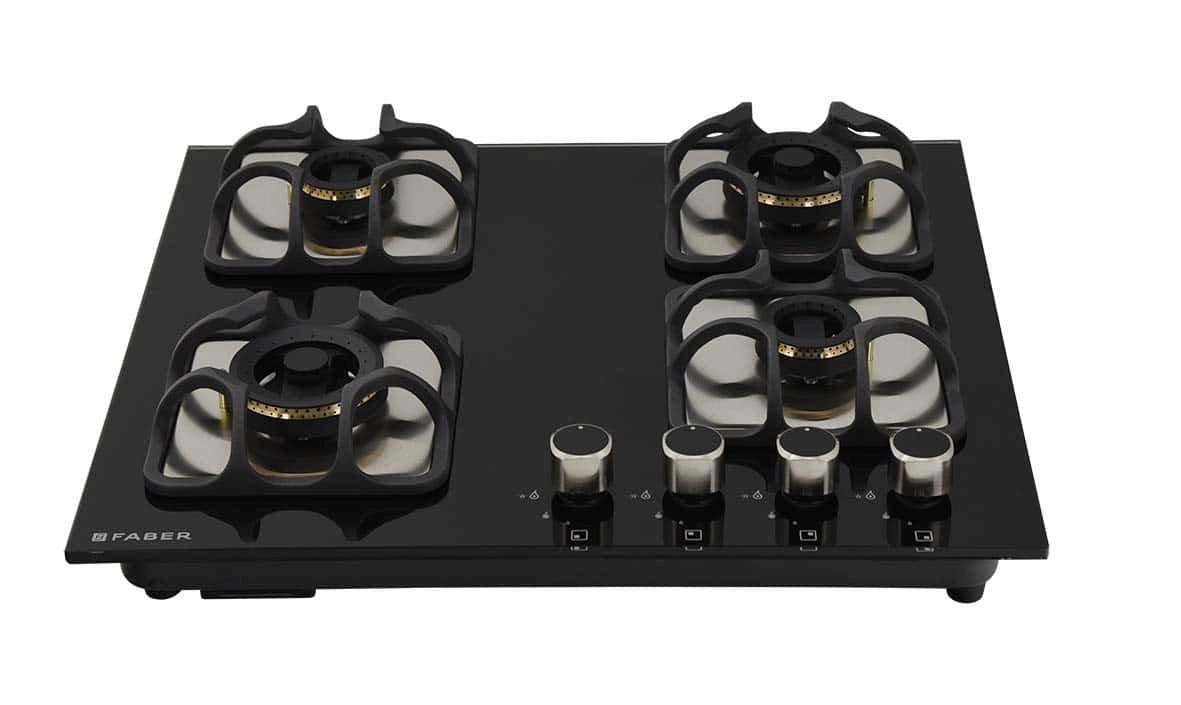 Faber Hobtop Imperia Plus 604 BRB CI BK 4 Brass Burner Auto Electric Ignition Glass Top, Black