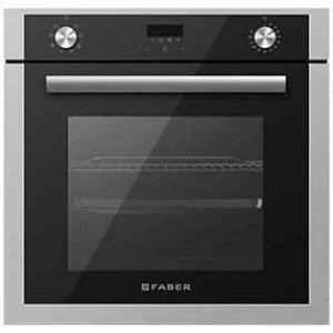 Faber FBIO 80L 8F black built-in oven, front view with steel frame, two control knobs and glass door