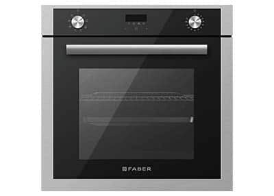 Faber FBIO 80L 8F built-in oven front view showing display, handle and wire shelf inside the cavity