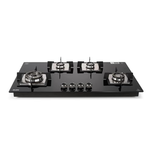 Glen 4 Burner Built In Glass Hob | Auto Ignition | 8 MM Toughened Glass | Black |Forged brass burners with double-ring flames | Warranty 2 Years Standard & 5 Years Glass |1094 XL SQ HT DB TR