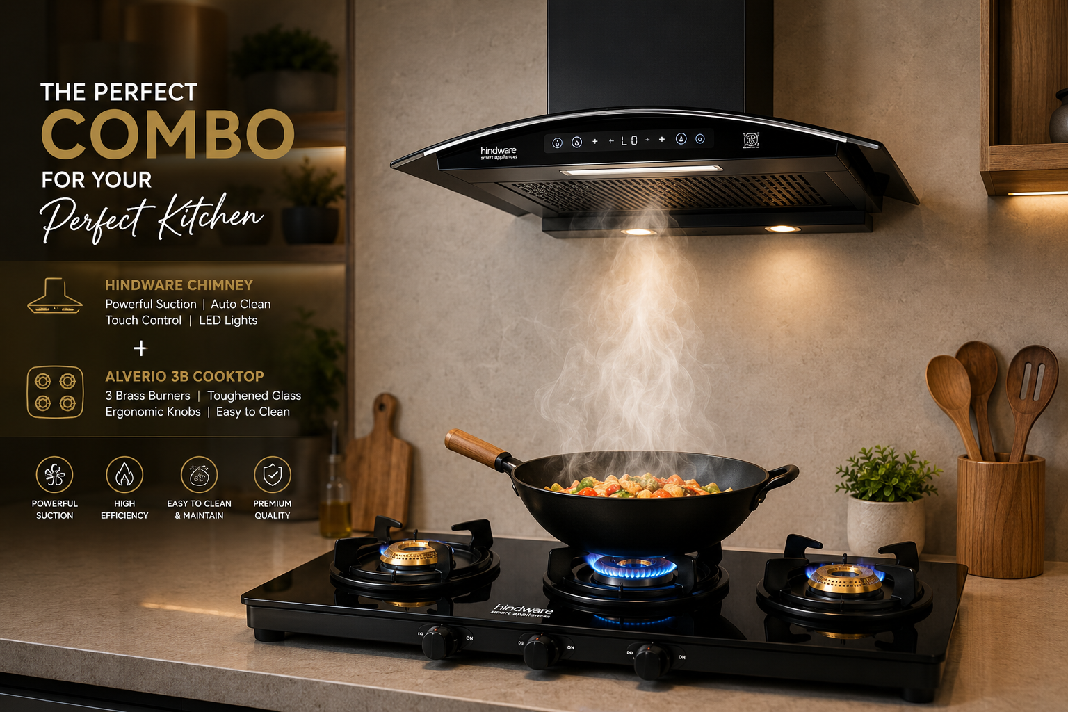 Hindware Divina BLDC 75 Chimney + Alverio 3 Burner Manual Cooktop Combo