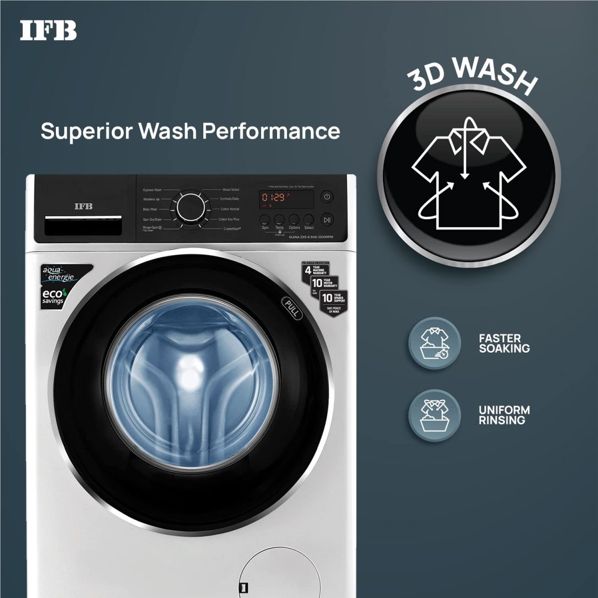 IFB 6.5 Kg 5 Star Fully-Automatic Front Loading Washing Machine (ELENA ZXS, Silver,In-Built Heater, 3D Wash Technology)