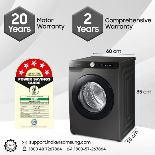 Samsung 8 kg, 5 Star, AI Ecobubble, Wi-Fi, Hygiene Steam with Inbuilt Heater, Digital Inverter, Fully-Automatic Front Load Washing Machine (WW80T504DAX1TL, Inox)