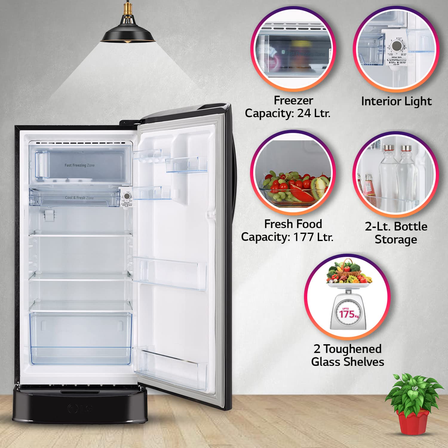 LG 201 L 5 Star Direct-Cool Inverter Single Door Refrigerator (GL-D211HESZ, Ebony Sheen, Base Stand with Drawer & Smart Connect, Gross Volume- 204 Ltr.)