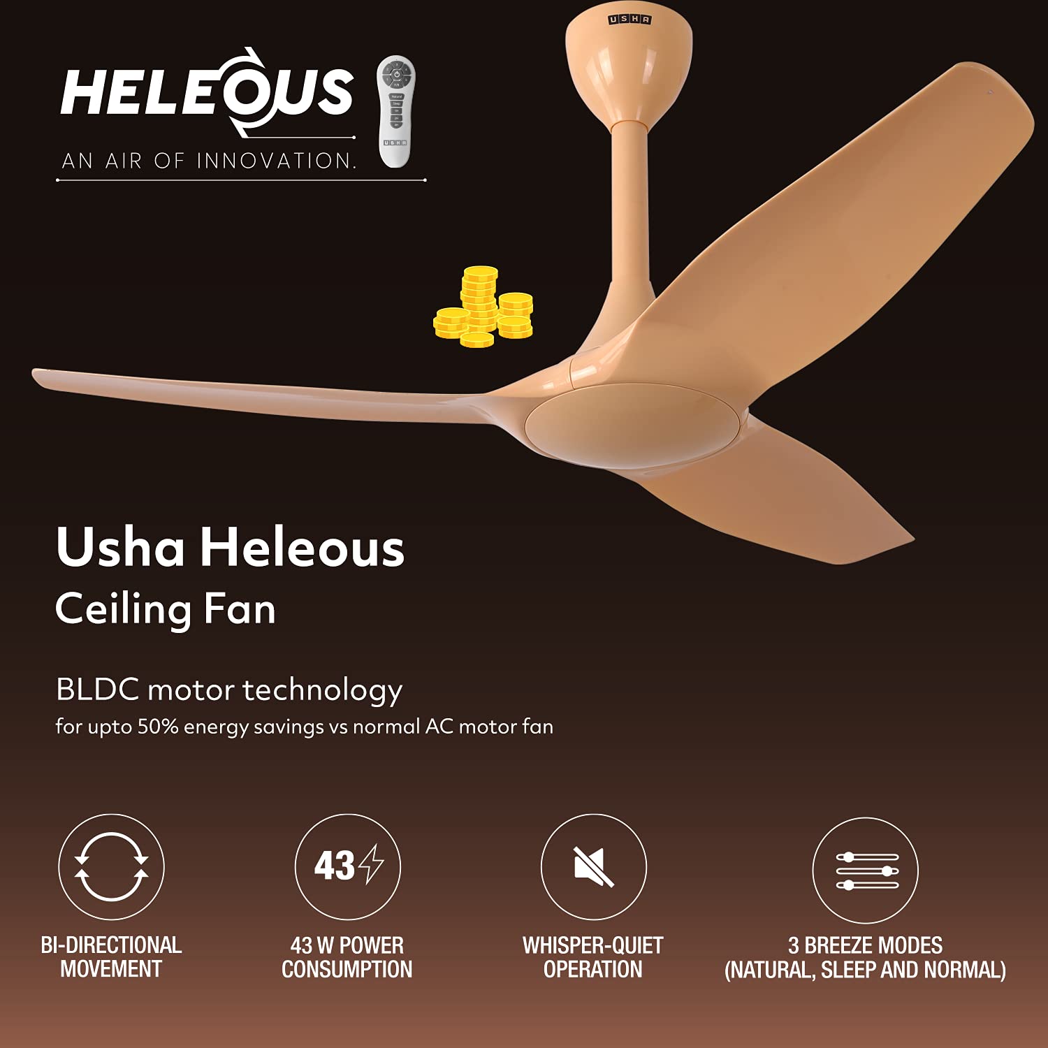 USHA Heleous 1220mm Premium BLDC Fan Golden Yellow